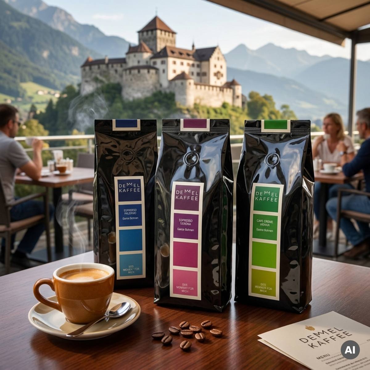 Demmel Kaffee vor dem Schloss Vaduz im Fürstentum Liechtenstein