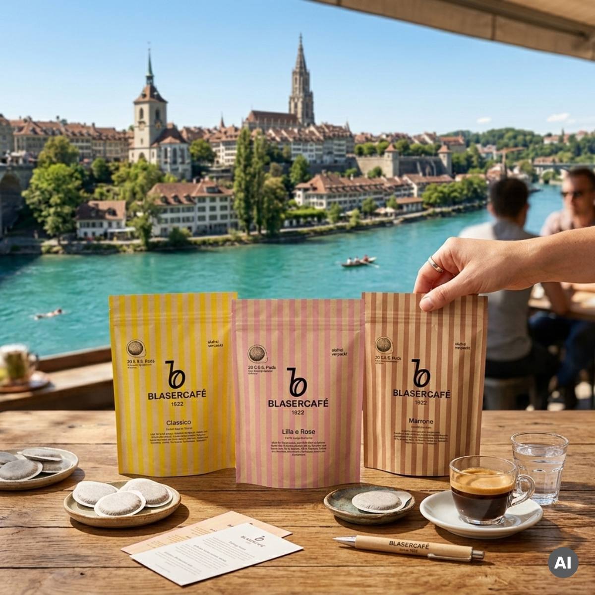 Blasercafé ESE Pads mit Blick auf die Aare und Bern | Kaffee Rauscher