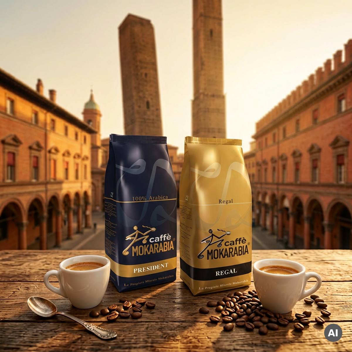 Mokarabia Espresso vor den zwei Türmen in Bologna | Kaffee Rauscher