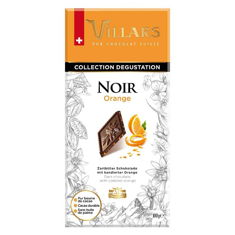 Villars Noir Orange Zartbitterschokolade mit kandierten Orangenschalen 100 g online kaufen bei Kaffee Rauscher